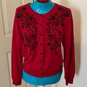 Kathie Lee Boho Embellished Floral Scoop Neck Sweater Women Size M